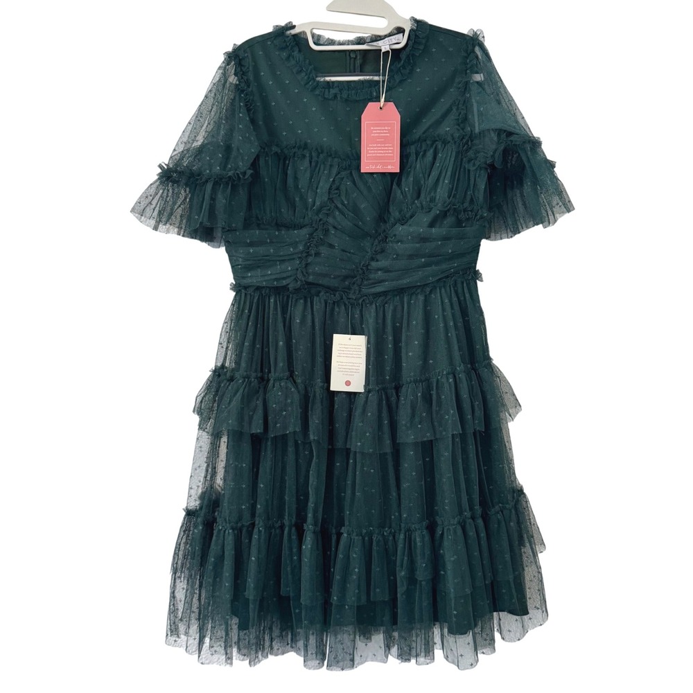 Ivy City Short Whimsical Dress Size XL Emerald Green Tiered Tulle Skirt Lace NWT
